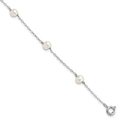 Sterling Silver Rhodium-plated 4-5mm White Semi-Round Freshwater Cultured Pearl 5-Station 7 inch Bracelet