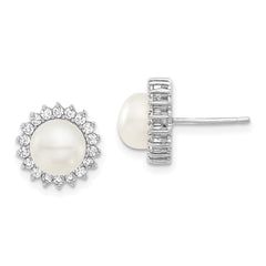 Sterling Silver Rhodium-plated 8-9mm White Button Freshwater Cultured Pearl and CZ 17 inch Necklace and Post Earrings Set - 2