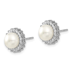 Sterling Silver Rhodium-plated 8-9mm White Button Freshwater Cultured Pearl and CZ 17 inch Necklace and Post Earrings Set - 2