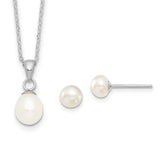 Sterling Silver Rhodium-plated 6-7mm White Teardrop Freshwater Cultured Pearl 17 inch Necklace and Button Post Earrings Set