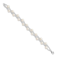 Sterling Silver Rhodium-plated 7-9mm White Semi-Round Freshwater Cultured Pearl and Glass Beaded Multi-strand 7.5 inch Bracelet