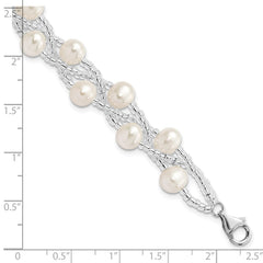 Sterling Silver Rhodium-plated 7-9mm White Semi-Round Freshwater Cultured Pearl and Glass Beaded Multi-strand 7.5 inch Bracelet
