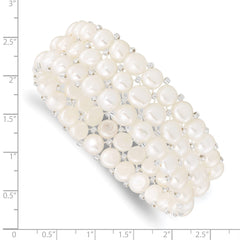 6-7mm White Button Freshwater Cultured Pearl and Glass Beaded 3-row Stretch Bracelet