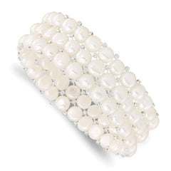 6-7mm White Button Freshwater Cultured Pearl and Glass Beaded 3-row Stretch Bracelet