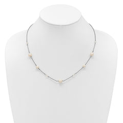Sterling Silver Rhodium-plated 6-10mm White Near-Round Freshwater Cultured Pearl and Glass 5-Station 17.5 inch with 2.5 inch Extension Necklace