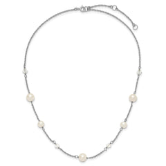 Sterling Silver Rhodium-plated 6-10mm White Near-Round Freshwater Cultured Pearl and Glass 5-Station 17.5 inch with 2.5 inch Extension Necklace