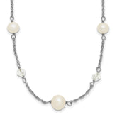 Sterling Silver Rhodium-plated 6-10mm White Near-Round Freshwater Cultured Pearl and Glass 5-Station 17.5 inch with 2.5 inch Extension Necklace