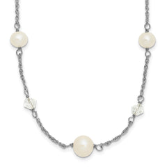 Sterling Silver Rhodium-plated 6-10mm White Near-Round Freshwater Cultured Pearl and Glass 5-Station 17.5 inch with 2.5 inch Extension Necklace