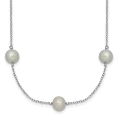 Sterling Silver Rhodium-plated 7-8mm Grey Semi-Round Freshwater Cultured Pearl 9-Station 18 inch Necklace
