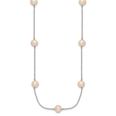 Sterling Silver Rhodium-plated 7-8mm Pink Semi-Round Freshwater Cultured Pearl 9-Station 18 inch Necklace