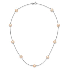 Sterling Silver Rhodium-plated 7-8mm Pink Semi-Round Freshwater Cultured Pearl 9-Station 18 inch Necklace