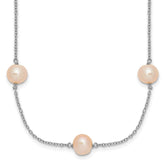Sterling Silver Rhodium-plated 7-8mm Pink Semi-Round Freshwater Cultured Pearl 9-Station 18 inch Necklace