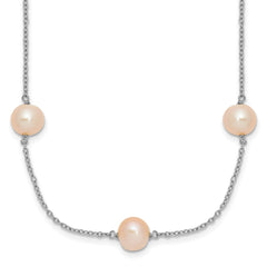 Sterling Silver Rhodium-plated 7-8mm Pink Semi-Round Freshwater Cultured Pearl 9-Station 18 inch Necklace