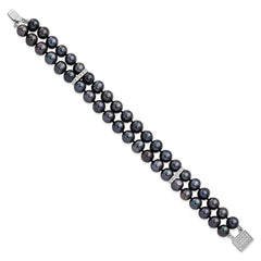 Sterling Silver Rhodium-plated 7-8mm Black Near-Round Freshwater Cultured Pearl and CZ 2-strand 7.5 inch Bracelet
