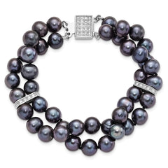 Sterling Silver Rhodium-plated 7-8mm Black Near-Round Freshwater Cultured Pearl and CZ 2-strand 7.5 inch Bracelet