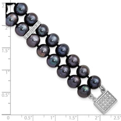 Sterling Silver Rhodium-plated 7-8mm Black Near-Round Freshwater Cultured Pearl and CZ 2-strand 7.5 inch Bracelet