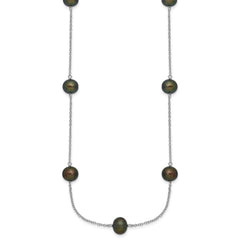 Sterling Silver Rhodium-plated 7-8mm Black Semi-Round Freshwater Cultured Pearl 9-Station 18 inch Necklace
