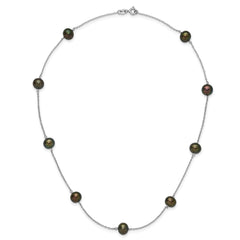 Sterling Silver Rhodium-plated 7-8mm Black Semi-Round Freshwater Cultured Pearl 9-Station 18 inch Necklace