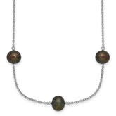 Sterling Silver Rhodium-plated 7-8mm Black Semi-Round Freshwater Cultured Pearl 9-Station 18 inch Necklace