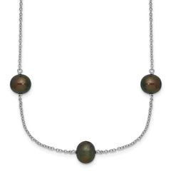Sterling Silver Rhodium-plated 7-8mm Black Semi-Round Freshwater Cultured Pearl 9-Station 18 inch Necklace