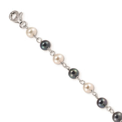 Sterling Silver Rhodium-plated 6-10mm White and Black Freshwater Cultured Pearl Layered 17 inch with 2 inch Extension Necklace