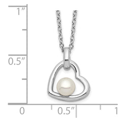 Sterling Silver Rhodium-plated 4-5mm White Button Freshwater Cultured Pearl Heart 17 inch Necklace