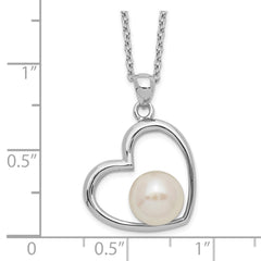 Sterling Silver Rhodium-plated 7-8mm White Button Freshwater Cultured Pearl Heart 17 inch Necklace