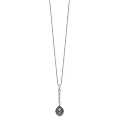 Sterling Silver Rhodium-plated 9-10mm Black Teardrop Tahitian Saltwater Pearl and CZ 17 inch Necklace and Post Dangle Earrings Set