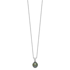 Sterling Silver Rhodium-plated 9-10mm Black Teardrop Tahitian Saltwater Cultured Pearl and CZ 17 inch Necklace and Post Dangle Earrings Set