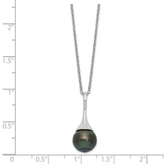 Sterling Silver Rhodium-plated 9-10mm Black Teardrop Tahitian Saltwater Cultured Pearl 17 inch Necklace - 2