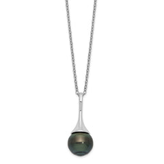 Sterling Silver Rhodium-plated 9-10mm Black Teardrop Tahitian Saltwater Cultured Pearl 17 inch Necklace - 2