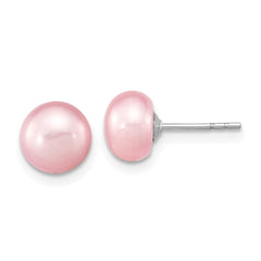 Sterling Silver Rhodium-plated 7-8mm Pink Near-Round Freshwater Cultured Pearl 18 inch Necklace, Stretch Bracelet and Button Post Earrings Set