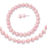 Sterling Silver Rhodium-plated 7-8mm Pink Near-Round Freshwater Cultured Pearl 18 inch Necklace, Stretch Bracelet and Button Post Earrings Set