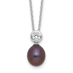 Sterling Silver Rhodium-plated 7-8mm Black Rice Freshwater Cultured Pearl and CZ 17 inch Necklace