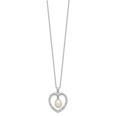 Sterling Silver Rhodium-plated 8-8.5mm White Teardrop Freshwater Cultured Pearl and CZ Heart 17 inch Necklace