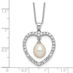 Sterling Silver Rhodium-plated 8-8.5mm White Teardrop Freshwater Cultured Pearl and CZ Heart 17 inch Necklace