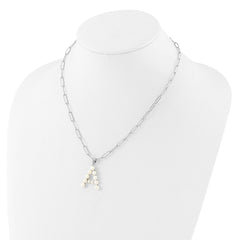 Sterling Silver Rhodium-plated 3-5.5mm White Button Freshwater Cultured Pearl LETTER A 18 inch Necklace