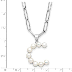Sterling Silver Rhodium-plated 3-5.5mm White Button Freshwater Cultured Pearl LETTER C 18 inch Necklace