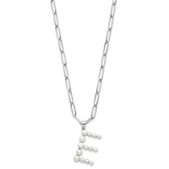 Sterling Silver Rhodium-plated 3-5.5mm White Button Freshwater Cultured Pearl LETTER E 18 inch Necklace