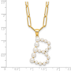 Sterling Silver Gold-plated 3-5.5mm White Button Freshwater Cultured Pearl LETTER B 18 inch Necklace