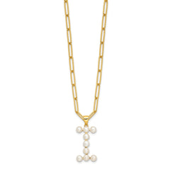 Sterling Silver Gold-plated 3-5.5mm White Button Freshwater Cultured Pearl LETTER I 18 inch Necklace