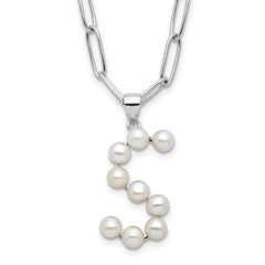 Sterling Silver Rhodium-plated 3-5.5mm White Button Freshwater Cultured Pearl LETTER S 18 inch Necklace