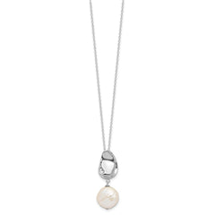 Sterling Silver Rhodium-plated 13-14mm White Coin Freshwater Cultured Pearl 17 inch Necklace and Post Dangle Earrings Set