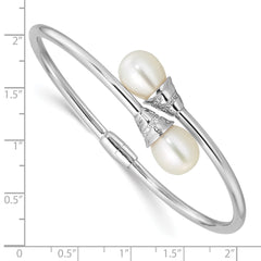 Sterling Silver Rhodium-plated 8-10mm Teardrop White Freshwater Cultured Pearl and CZ Hinged Bangle