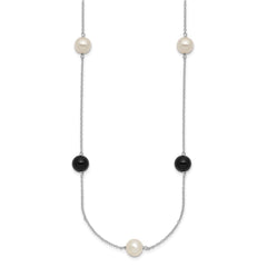 Sterling Silver Rhodium-plated 8-9mm Round White Freshwater Cultured Pearl and Onyx 7-Station 18 inch Necklace