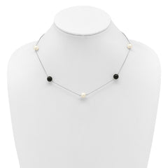 Sterling Silver Rhodium-plated 8-9mm Round White Freshwater Cultured Pearl and Onyx 7-Station 18 inch Necklace