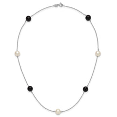 Sterling Silver Rhodium-plated 8-9mm Round White Freshwater Cultured Pearl and Onyx 7-Station 18 inch Necklace