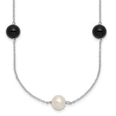 Sterling Silver Rhodium-plated 8-9mm Round White Freshwater Cultured Pearl and Onyx 7-Station 18 inch Necklace