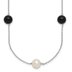 Sterling Silver Rhodium-plated 8-9mm Round White Freshwater Cultured Pearl and Onyx 7-Station 18 inch Necklace