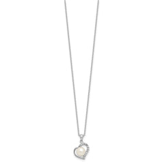 Sterling Silver Rhodium-plated 7-8mm Button White Freshwater Cultured Pearl and CZ Heart 17 inch Necklace